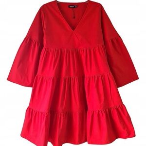 Boohoo Red Tiered Bell Sleeve Mini Dress Size 6 NWT